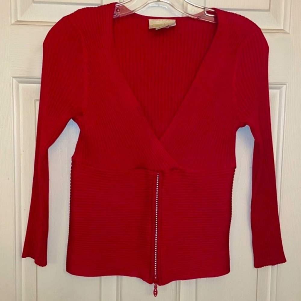 Cache Red V-Neck Top With Rhinestone Zipper - image 5